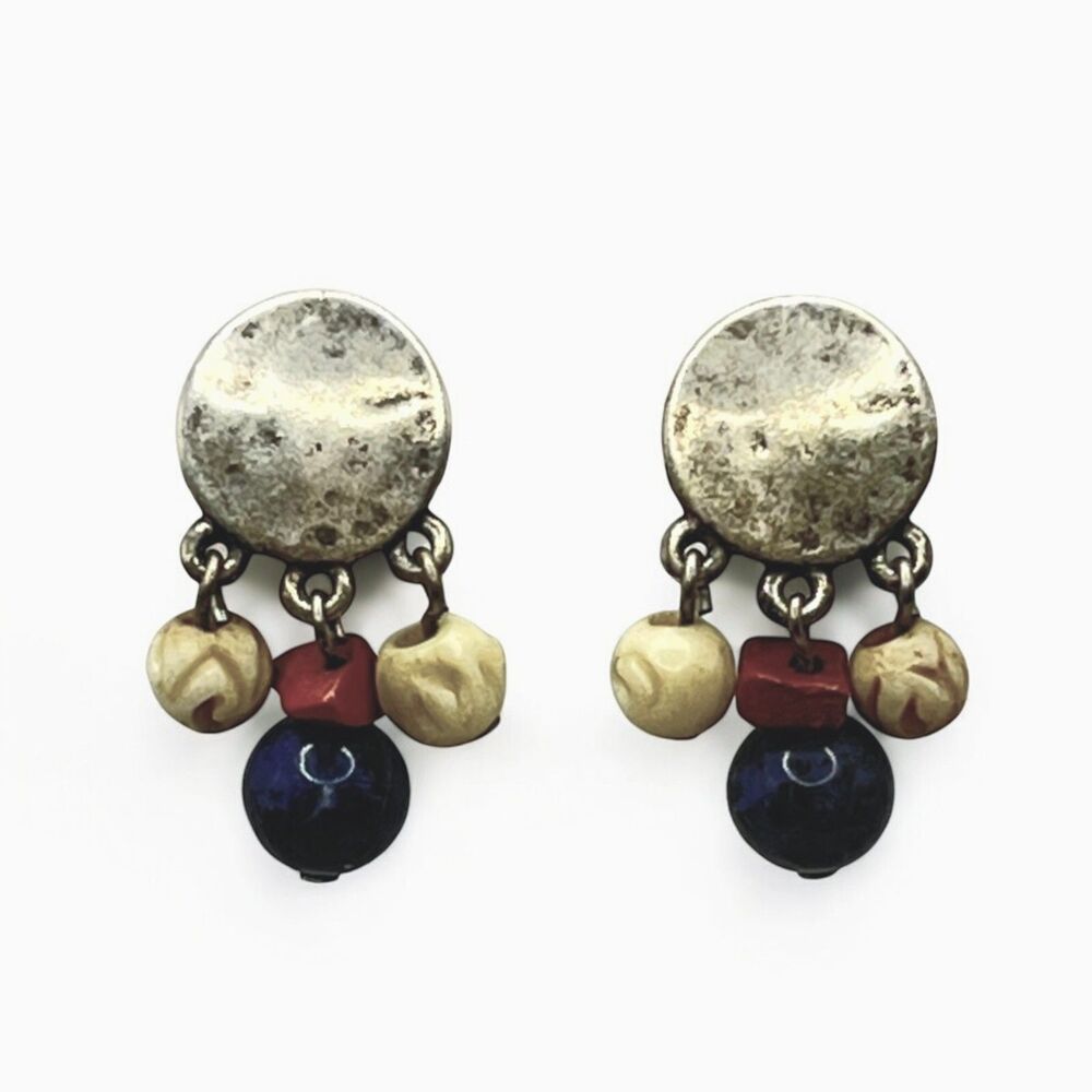 Vintage Southwestern Beaded Dangle Earrings Silver Tone Hammered Metal Boho Post